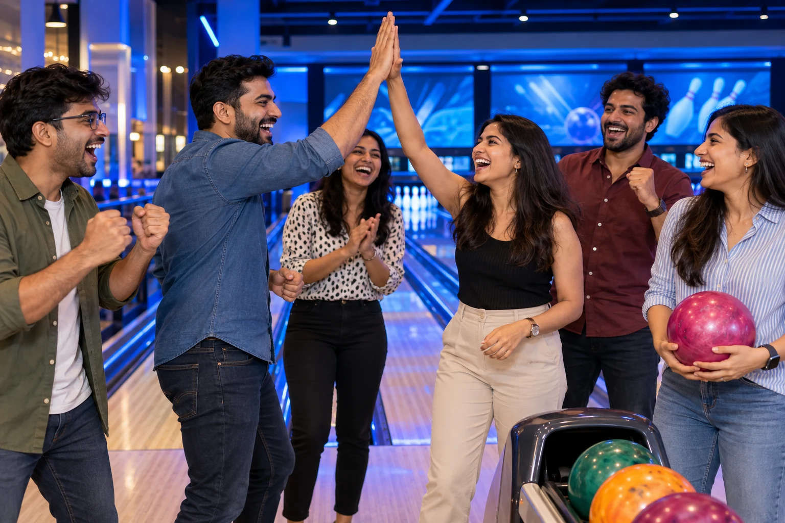 Illustrative office colleagues celebrating a bowling strike